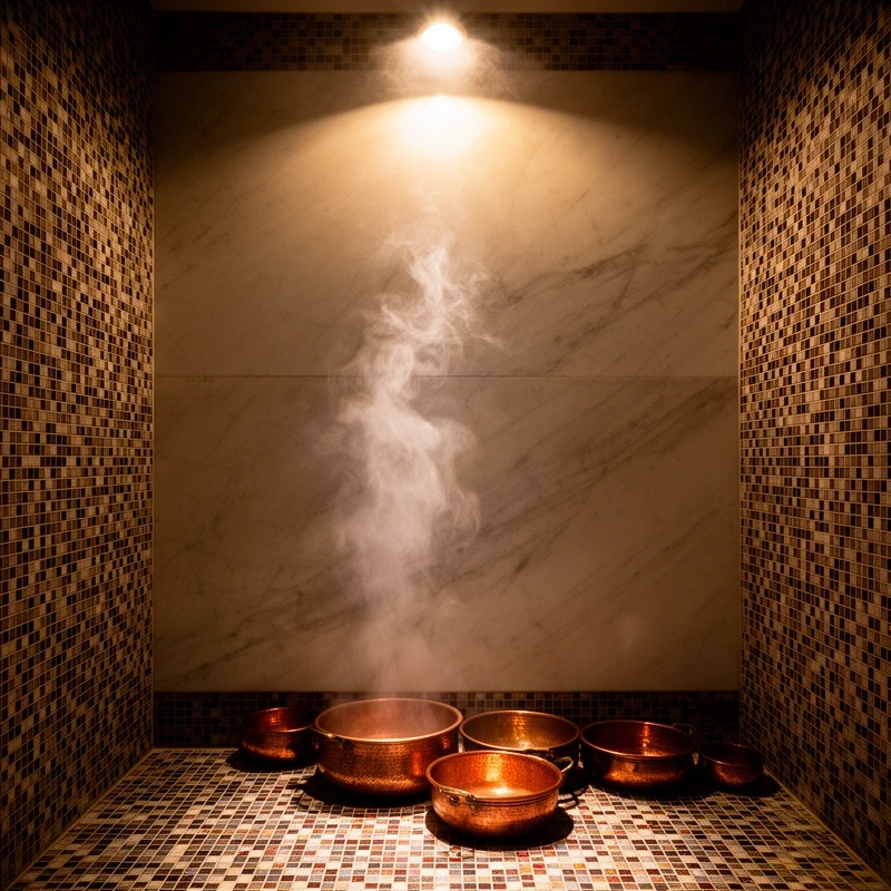 Spa interior with warm lighting and stone walls