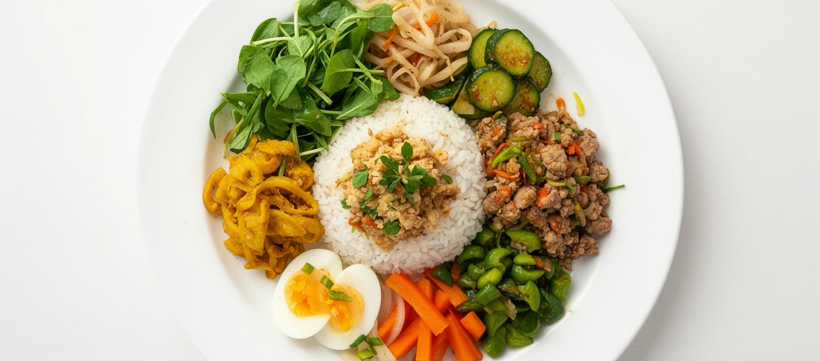 Nasi campur dengan sayuran protein dan hijau-hijauan